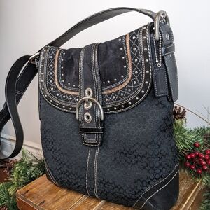 Coach Signature Jacquard, Suede, Leather & Fabric Hobo Boho Purse Studded Black